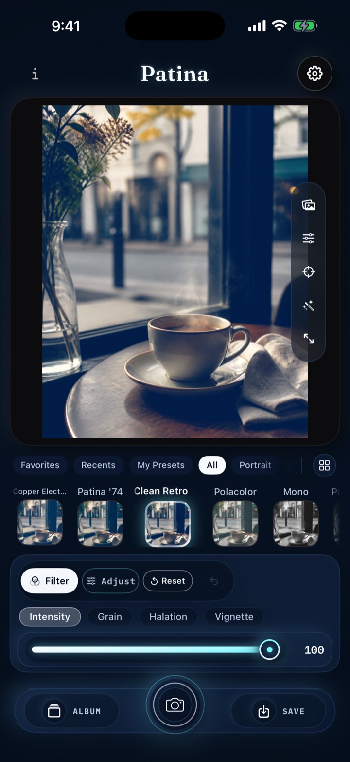 Patina editor with a live film look